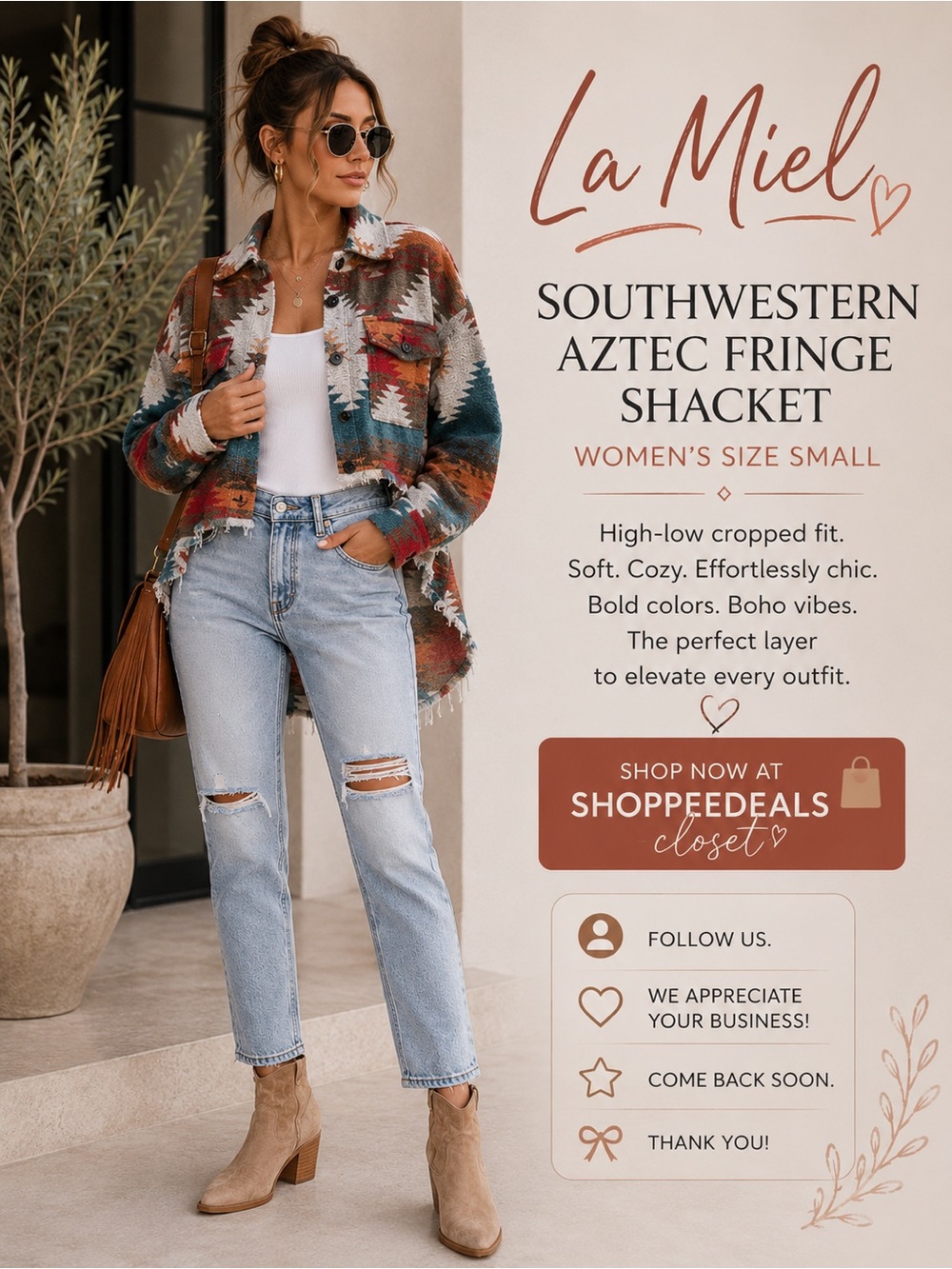 La Miel Southwestern Aztec Fringe Shacket – Women’s Size Small